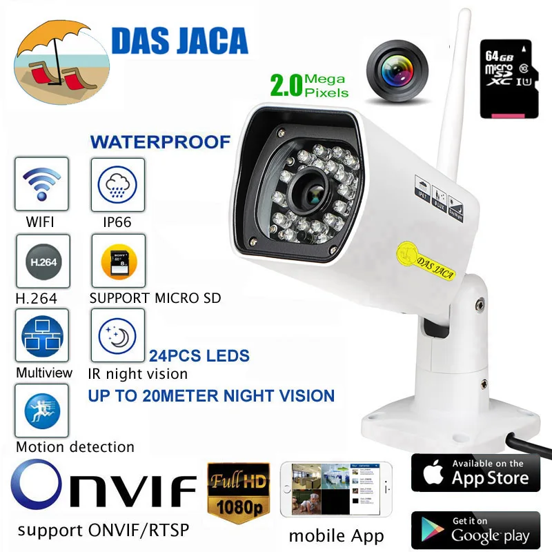 Das Jaca wifi ip-камера безопасности 1080 p 2mp hd наружное наблюдение инфракрасная камера ночного видения wifi cctv DVR цилиндрическая-камера 64 GB