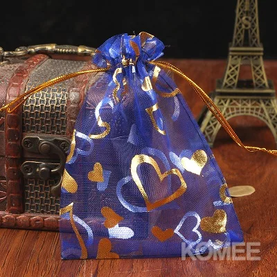100 шт./лот 11x16 см красный с золотом Сердце печати упаковки ювелирных изделий тянущаяся органза подарочные пакеты Свадьба Рождественский подарок сумки и сумки - Цвет: Синий