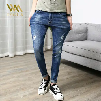 

Men's Ripped Jeans Slim Fit Light Blue Denim Joggers Male Distressed Destroyed Trousers Zipper Masculina Hiphop Pants