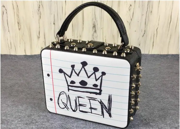 Дизайн Коробка Форма сумка заклепки граффити буквы Сумочка-клатч с короной вечерняя сумка рамочный замок сумка через плечо женская сумка