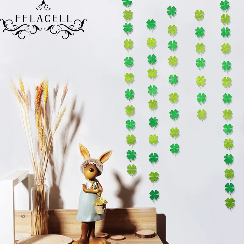 

FFLACELL 4 Meters Green Shamrock Paper Banners Four Leaf Clover Garland Decor Party and Parade Decorations
