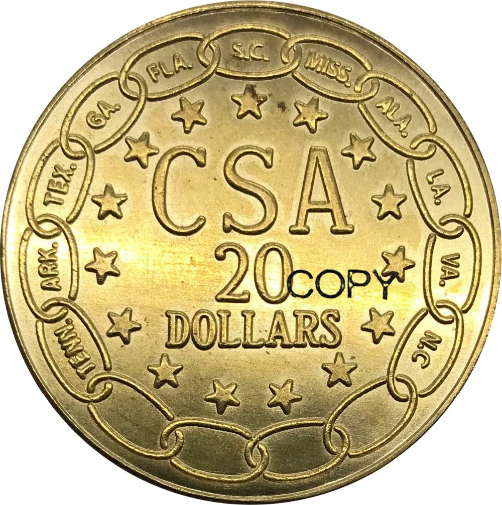 Соединенные Штаты 1861 Confederate Штаты Америки CSA $20 долларов латунная металлическая золотая монета КОПИЯ монет Edeg Plain|Безвалютные монеты| | АлиЭкспресс