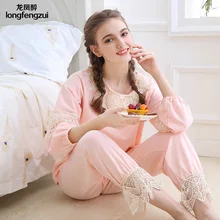 Autumn Homewear Women Pajamas Sets Cotton Princess Pyjamas Lace Embroidery O- Neck Sleepwear Lovely Girls Pijima Sleep Lounge