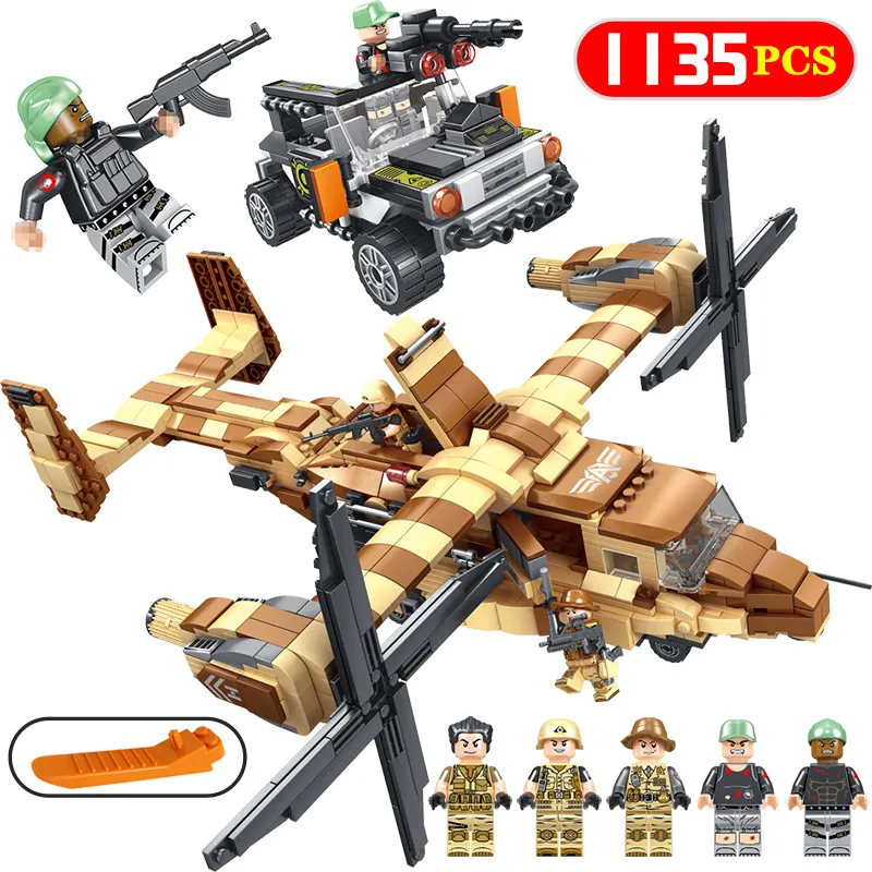 

1135 Pcs New Military Special Troops Series Osprey Helicopter Fire Mech Compatible LegoINGLY Model Building Bricks Blocks Toys