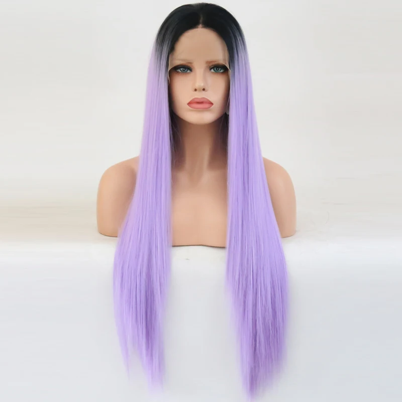 

Charisma Ombre Wigs Straight Hair Purple Color Synthetic Lace Front Wig with Dark Roots Middle Part Lace Wigs for Women Makeup