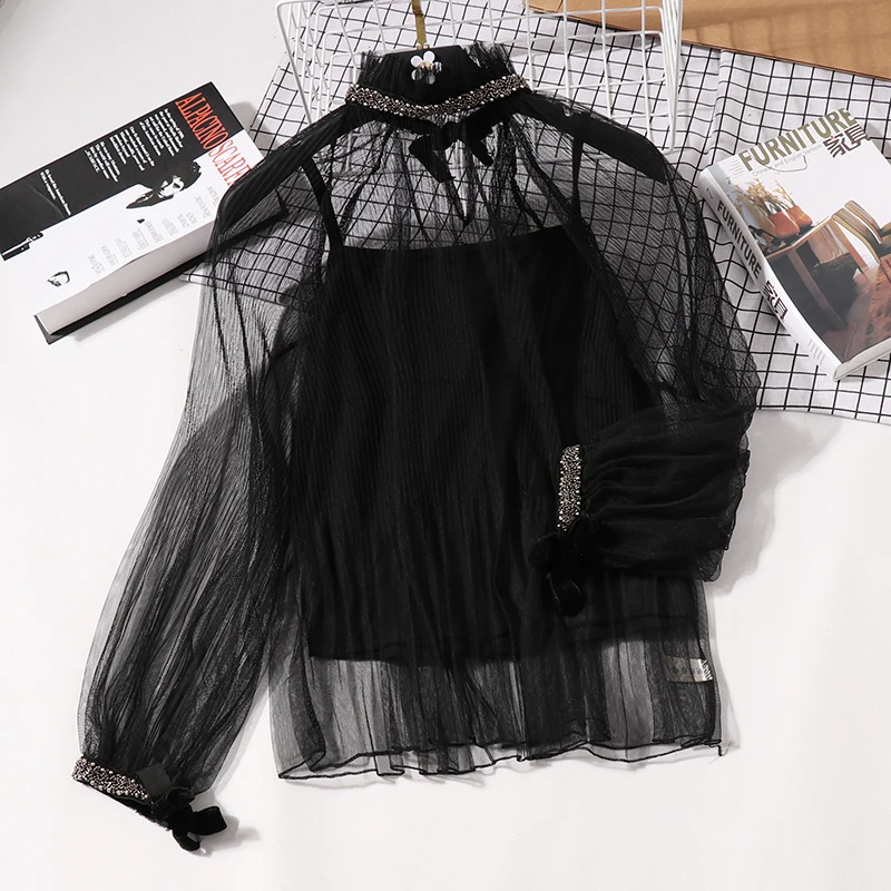 spring new turtleneck beading women blouse and shirts see-through gauze sexy lace ruffles lady elegant bottoming shirts - Цвет: black