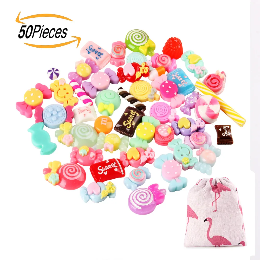 

50 Pieces Slime Charms Mixed Resin Candy Sweets Beads Slime Bead Making Supplies with Drawstring Pouch for DIY Crafts Scrapbook