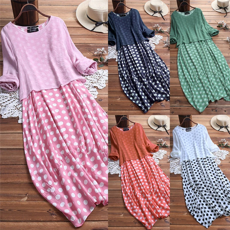 

2019 Women Summer Casual Polka Dot Patchwork Two Pieces Clothes Set Plus Size Boho Style Long Maxi Dress And Long Sleeve Tops