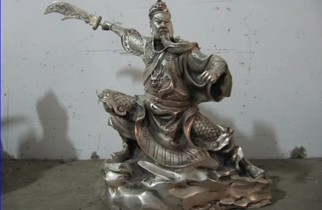 

150401 S0472 China Exquisite White Bronze Silver Dragon Guan Gong warrior Hold Sword Statue