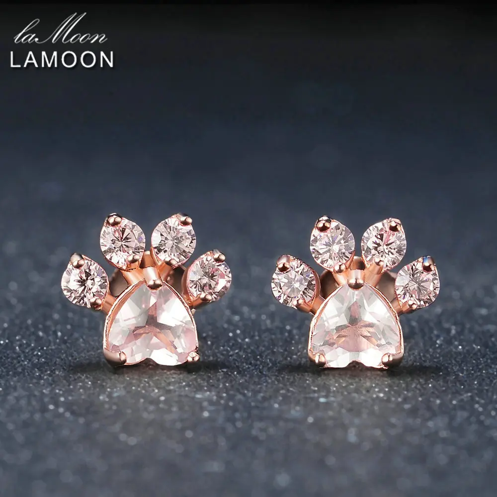 

LAMOON Bearfoot 5x5.5mm 100% Natural Gemstone Rose Quartz 925 sterling-silver-jewelry Rose Gold Plated Stud Earring S925 LMEI040