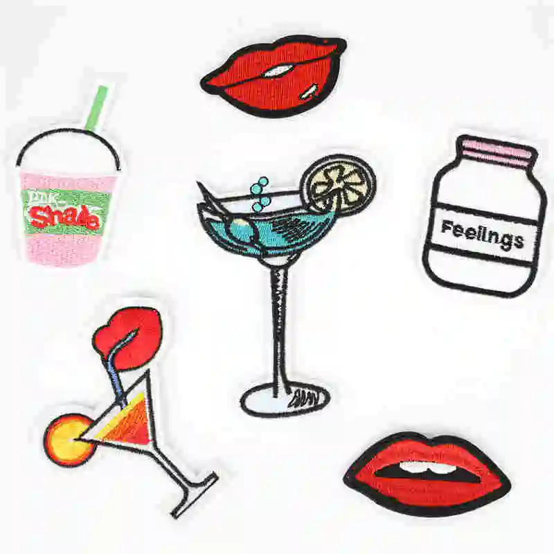 

6pcs Embroidered Cloth Paste Adhesive 6 Styles Drink Lips Combination For Arts Craft Sewing On Clothing Bag Apparel Patches DIY