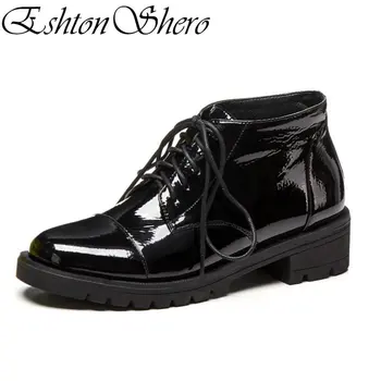 

EshtonShero Women Ankle Boots Shoes Woman Low Heels Patent Leather+PU Round Toe Platform Black Ladies Motorcycle Boot Size 3-9