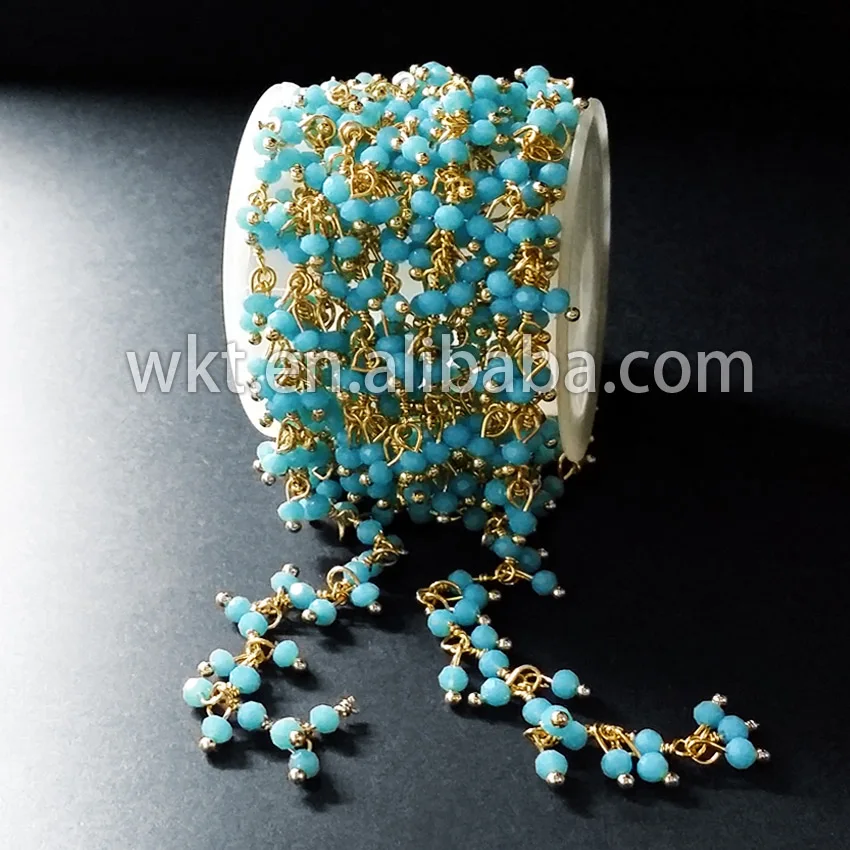WT-RBC023 Dangling Gold wire Wrapped Chain blue Beads Dangle with 24k Gold Trim Wire Rosary Chain Jewelry Findings