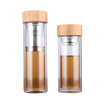 Tea Bottle Glass Bottled Water Bottle Infuser With Filter Strainer Borosilica Double Wall Drink Bamboo Lid 450ml Car Drinkware 6