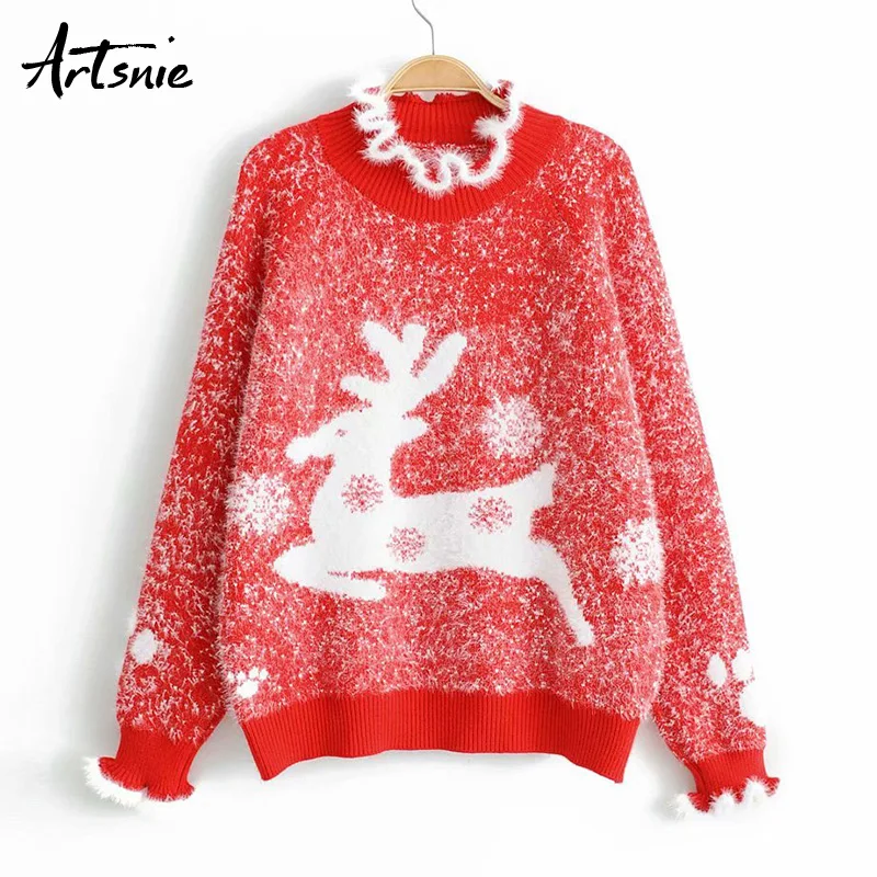 

Artsnie Spring 2019 Red Casual Deer Christmas Sweater Women Ruffles Long Sleeve Knitted Pullover Jumper Animal Pull Femme Hiver