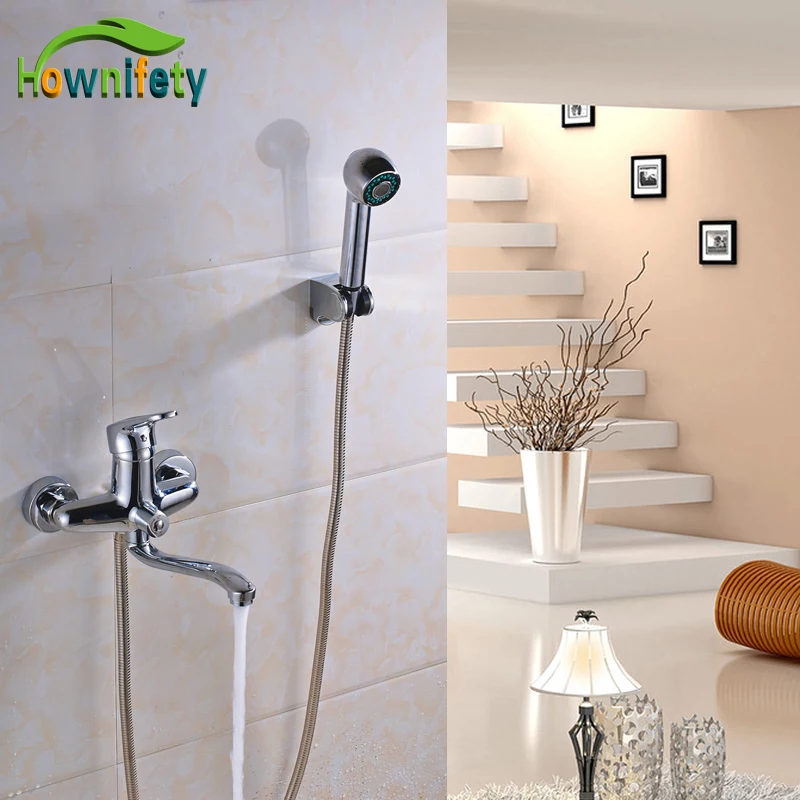

Chrome Polished Bathroom Shower Faucet Bathtub Swivel Spout Mixer Tap with Hand Shower Wall Mount