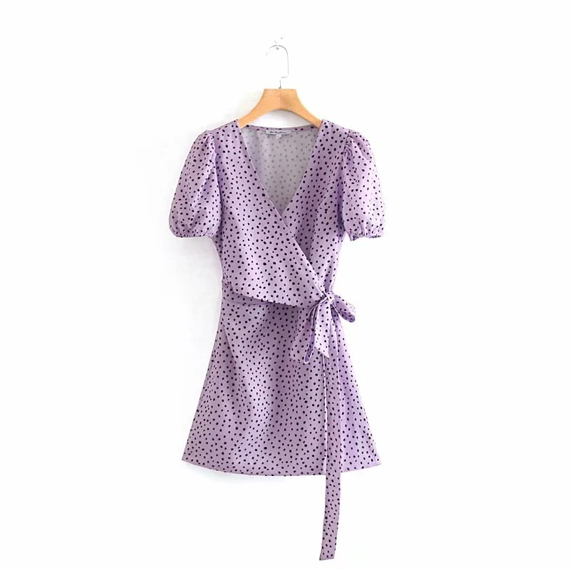 

2019 Women Vintage Polka Dot Print Purple Mini Dress Summer Chic Female V-neck High Waist With Belt European Style Dresses Femme