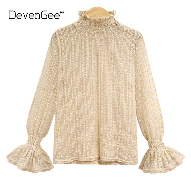 

DevenGee 2018 Autumn Women Fashion Shirt Long Sleeve Turtleneck See-Through Lace Ladies Clothing Casual Tops Blouses Femininas