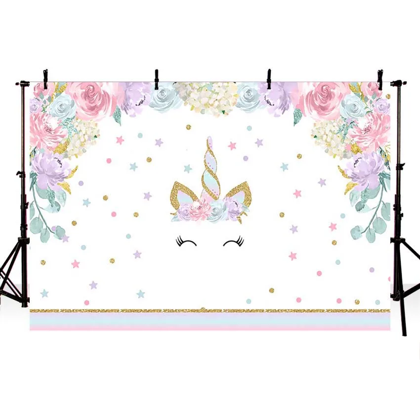 

7x5FT Pink Flowers Stars Polka Dots Gold Unicorn Horn Baby Shower Custom Photo Studio Photography Backdrops Vinyl 220cm x 150cm