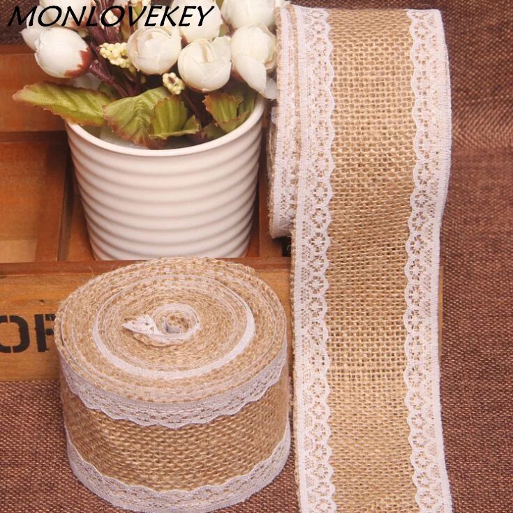 

10meters Natural Jute Burlap Hessian Ribbon with Lace Trims Tape Rustic Wedding Decor wedding cake topper decoration mariage