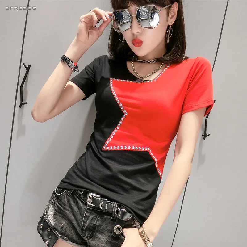 

Hot Drilling Patchwork Women's T Shirt 2019 Fashion Summer Casual Short Sleeve Cotton Tshirt Femme Slim All Matched Tee Shirts