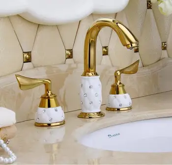 

New Arrivals luxury basin faucet 8 inch water tap brass ceramic & diamond bathroom faucet gold widespread basin sink faucet