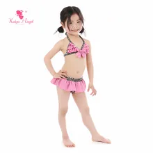 Kaiya Angel New Baby Girl Swimwear Summer Toddlers Patchwork Pink Bow Leopard Print Cute Ruched Two Pieces Kid Factory Wholesale