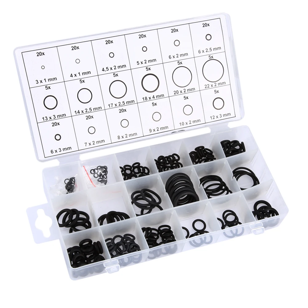 

Silicone Rubber 18 Sizes 225pcs/set Rubber O Ring Washer Seals Gasket Assortment Black for Car with plastic Box Circlip for Car