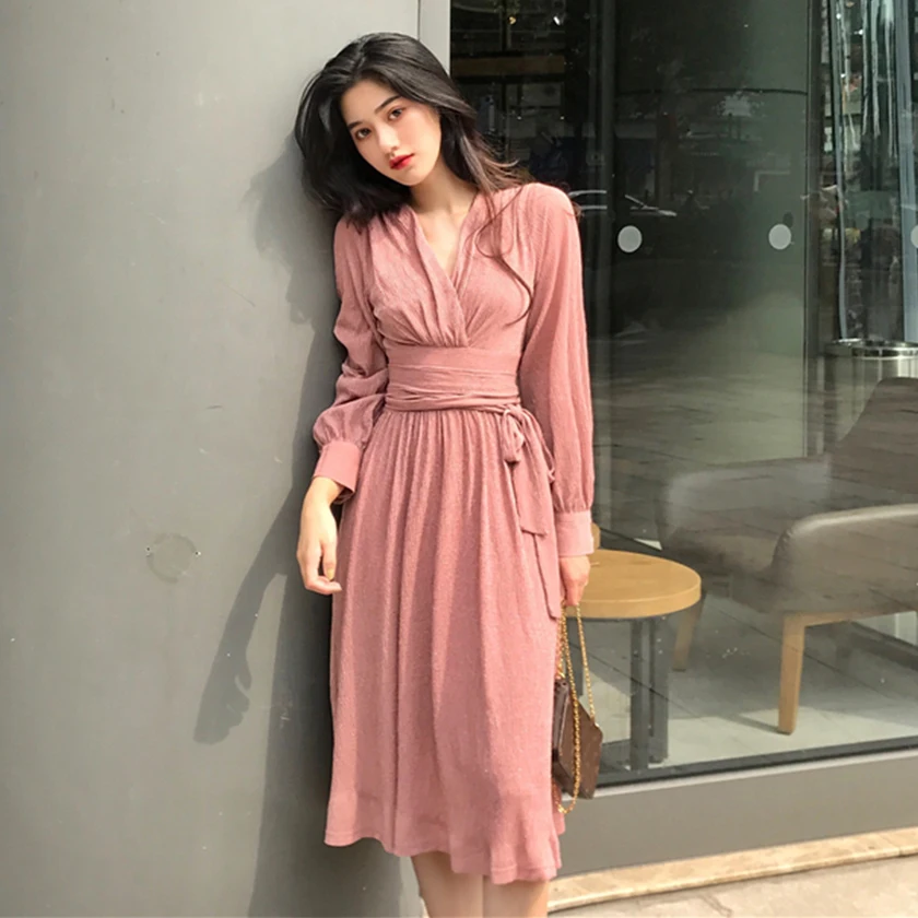 

2019 New Arrival Women's Solid Ruched Dress With Belt V Neck High Waist Long Sleeve Chic Korean Style Vestidos D97302F