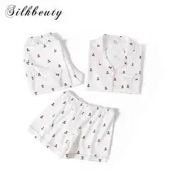 SILKBEUTY пижамы Cherry узор Комплект из трех предметов одежда для сна дышащий минимализм Повседневный пижамный комплект для девочек