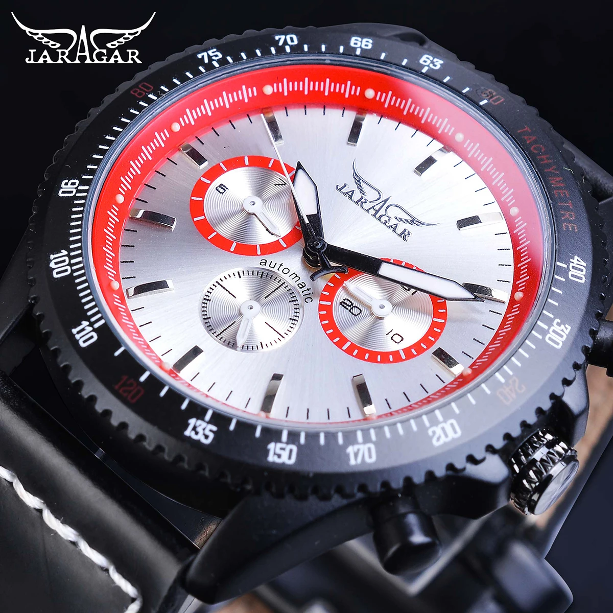 

Jaragar Mechanical Mens Automatic Watch Red Racing Sport Date Watches Genuine Leather Band Wristwatches Male Relogio Homme Saati