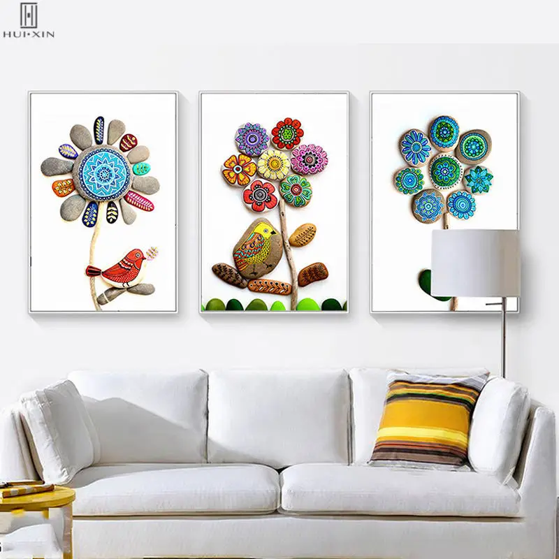 Lovely Varicolord Flowers Raised Rocks Sunflowers Green Leaf Modern Decorative Canvas Paintings Poster Wall Art For Home Decor