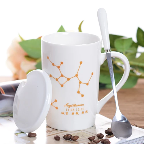 Creative420ml керамическая для кофе и молока чашка популярная Созвездие тема счастливая чашка с крышкой и ложкой День рождения Свадьба подарок для друзей - Цвет: Sagittarius - white