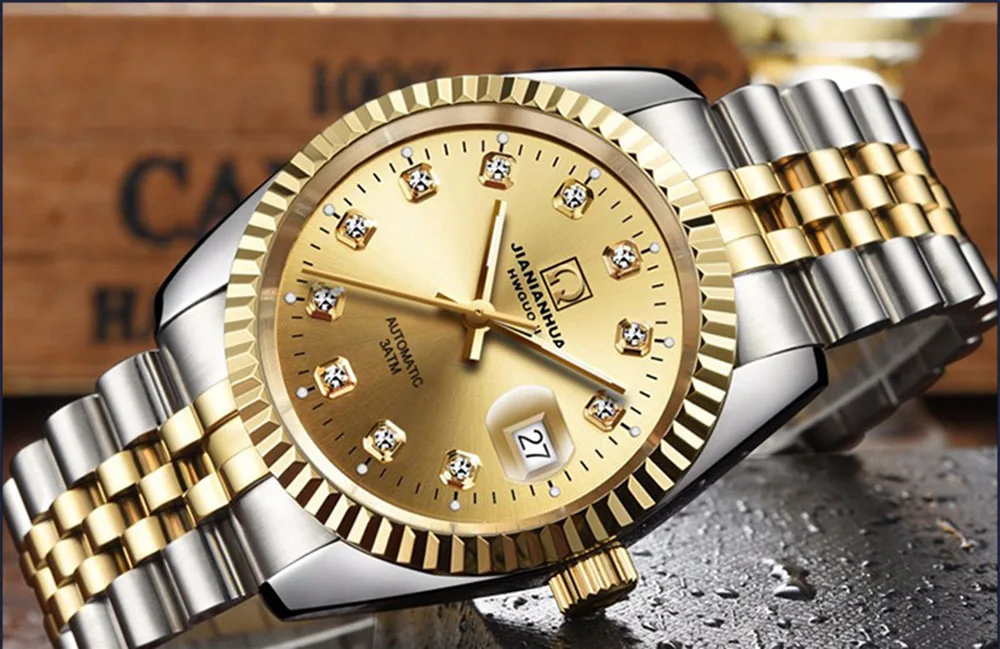Карнавальная майка бренд автоматические часы мужские Роскошные Алмаз Золото деловые часы Datejust рифленый ободок для мужчин s часы horloges mannen