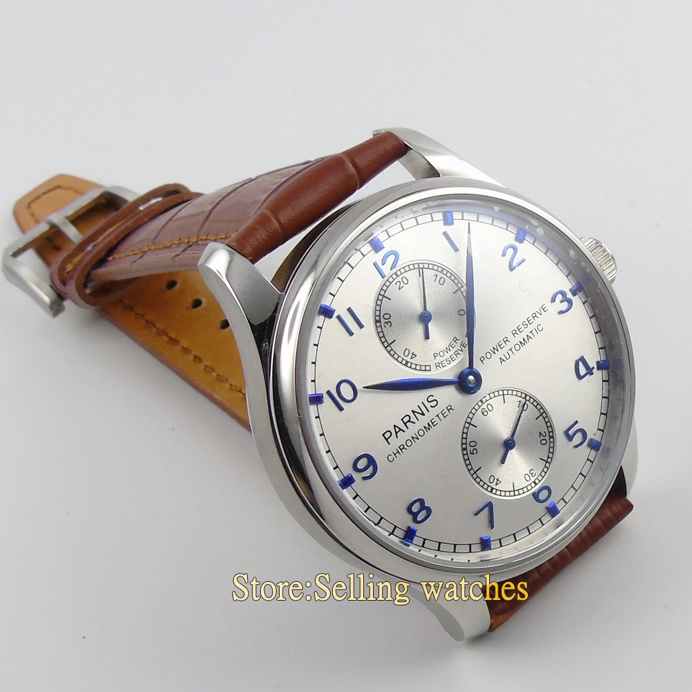Parnis 43 мм серебристый циферблат Запас хода хронометр автоматические мужские часы