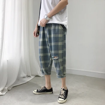 

Summer New Plaid Jeans Men's Slim Fashion Torn Hole Casual Nine Pants Man Streetwear Trend Wild Hip Hop Jeans Male Clothes