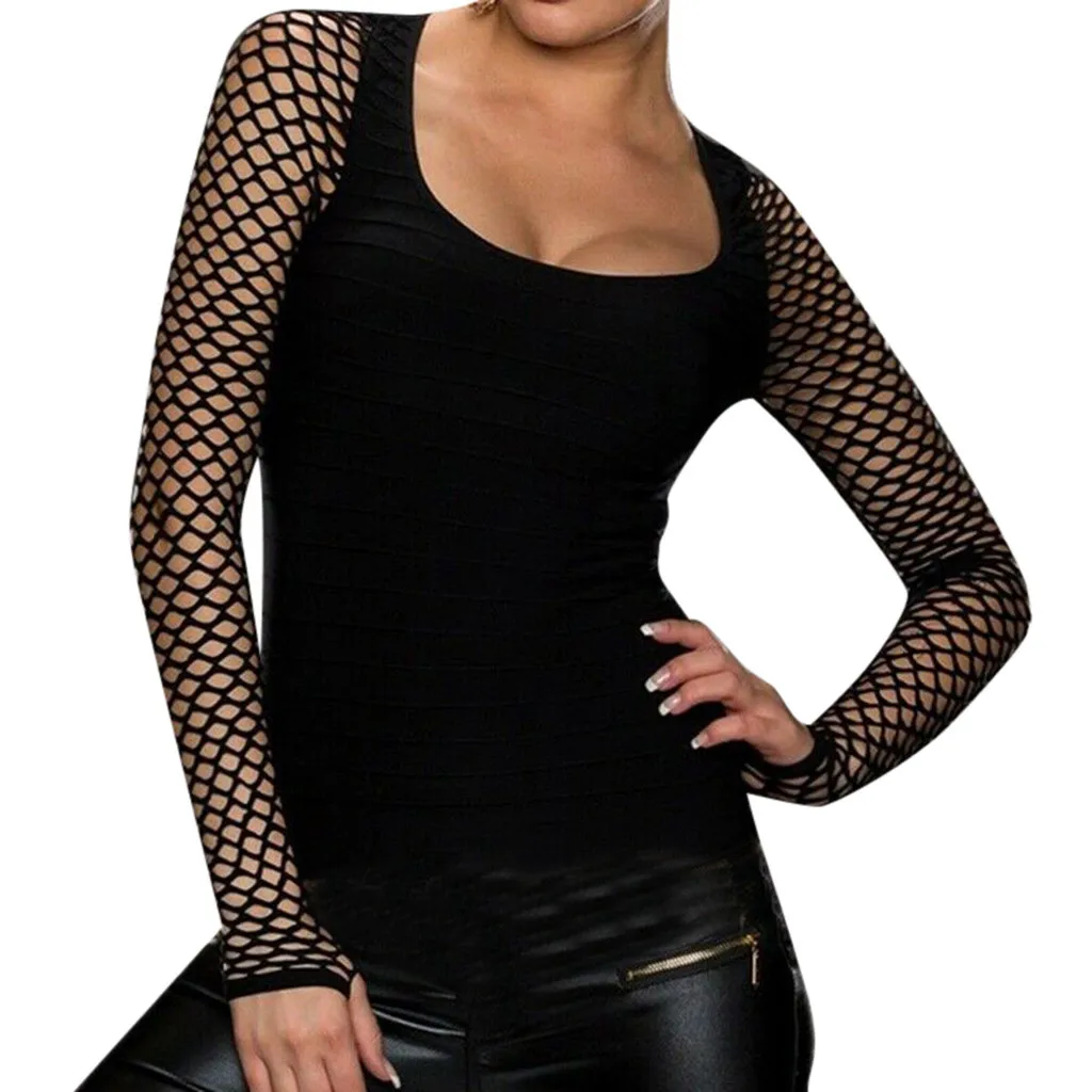 

New Women Slim Low Cut Long Sleeve Sexy Net Tops Autunm Black Punk Rock Gothic Fishnet t Shirt Office Clothing camiseta mujer