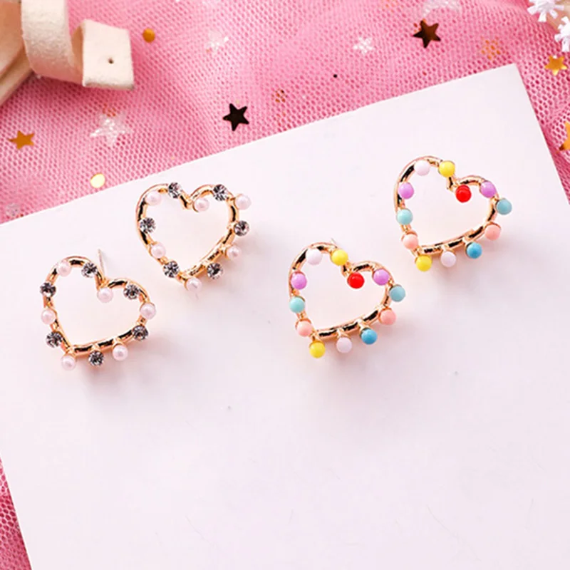 

Korean Japanese Cute Sweet Girl's Rhinestone Colorful Dots Heart Stud Earrings Women's Fashion Party Heart Earring Jewelry
