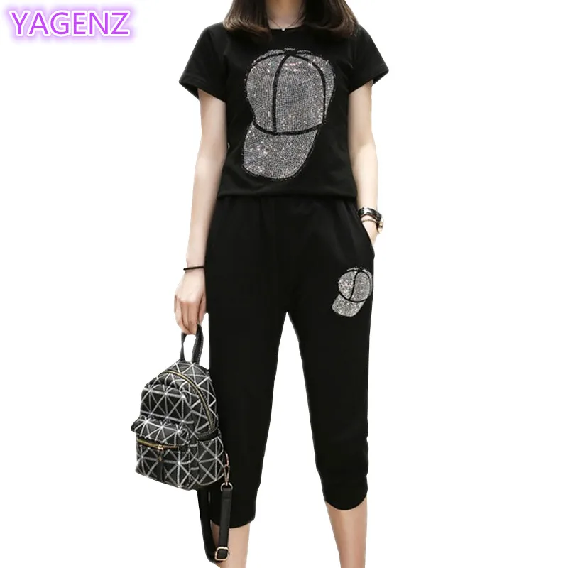 

YAGENZ Plus size Two Piece Set Women Tracksuit Set Summer Tops For Women 2018 Casual Thin Sportwear Diamond Hat Top And Pants119