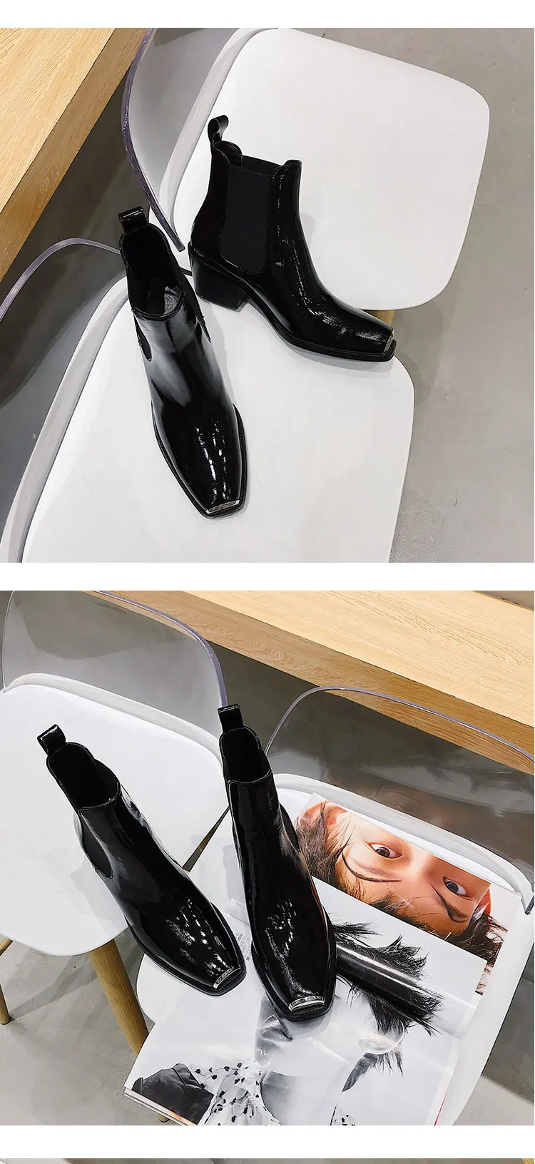 Черные ботинки «Челси» из лакированной кожи в британском стиле; квадратное железо носок; женская обувь на каблуке; женские мотоциклетные