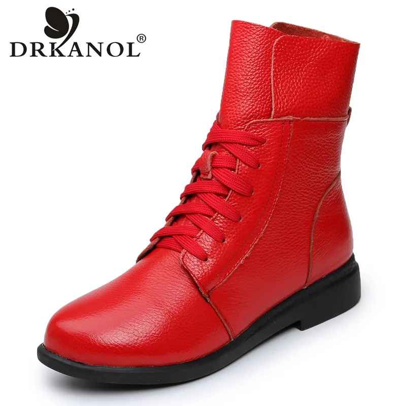 DRKANOL/Новое поступление года; зимние сапоги из натуральной кожи на квадратном каблуке; женская обувь; модные теплые женские ботильоны на молнии со шнуровкой
