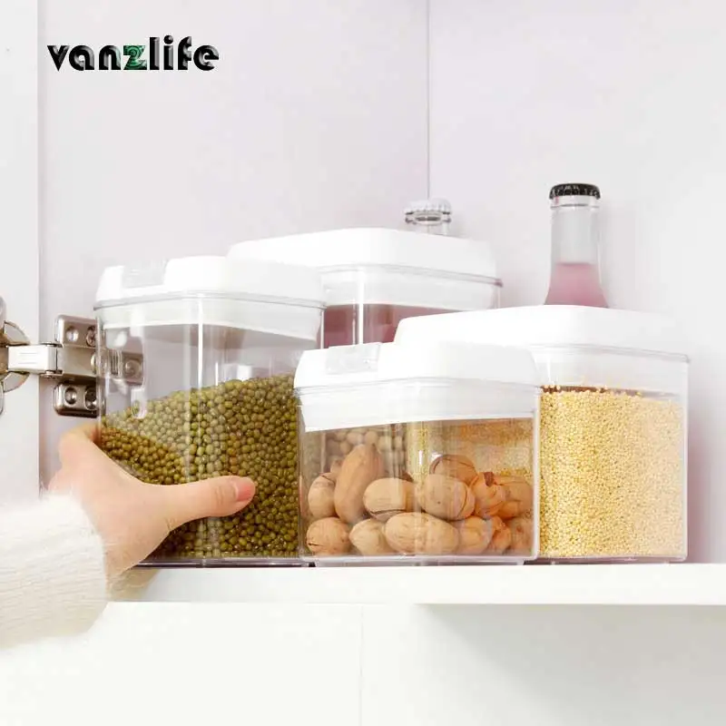 

vanzlife creative easily open buckle sealed storage can large size square plastic food storage tank transparent canisters K2278