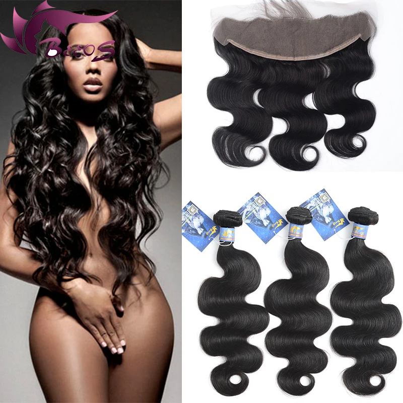 7A Grade Unprocessed Brazilian Virgin Hair Bundles With Lace Frontal Body Wave Lace Frontal Closure With Bundles Fast Shipping
