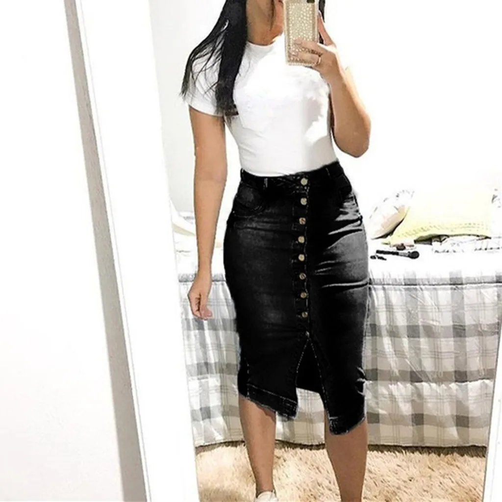 

Women's Skirt Skirts faldas jupe femme shein New Women's Fashion Denim Skirt Summer Button Design Split Front Open Skirts #40