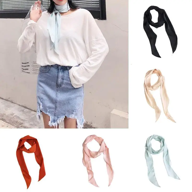 Women Fashion Ribbon Silk Scarf Beautiful Solid Design Girls Neckerchief Hair Band Bag Handle Wraps Small Neck Scarves