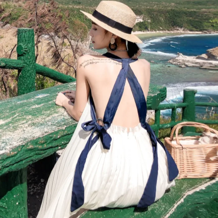 Сексуальное Белое Шифоновое Платье с открытой спиной и бретельками на шнуровке, женское длинное платье с эластичной талией в стиле бохо, летнее пляжное плиссированное платье на бретелях