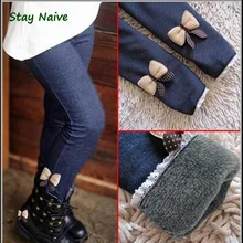 2017 new kids girls jean bow pants cotton cashmere pants elastic waist girls legging warm pants winter spring children pants