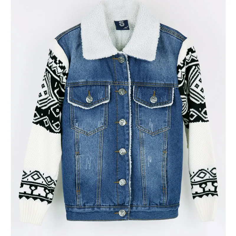 lower price Women Winter Denim Coat Thicken Fleece Lamb Wool Aztec Pattern Patchwork Long Sleeve Jeans Jacket W