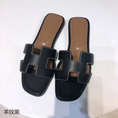 

Verano de 2019 nuevo alta calidad h zapatillas mujer ins de moda de verano de ropa de fondo plano flip sandalias de cuero zapato