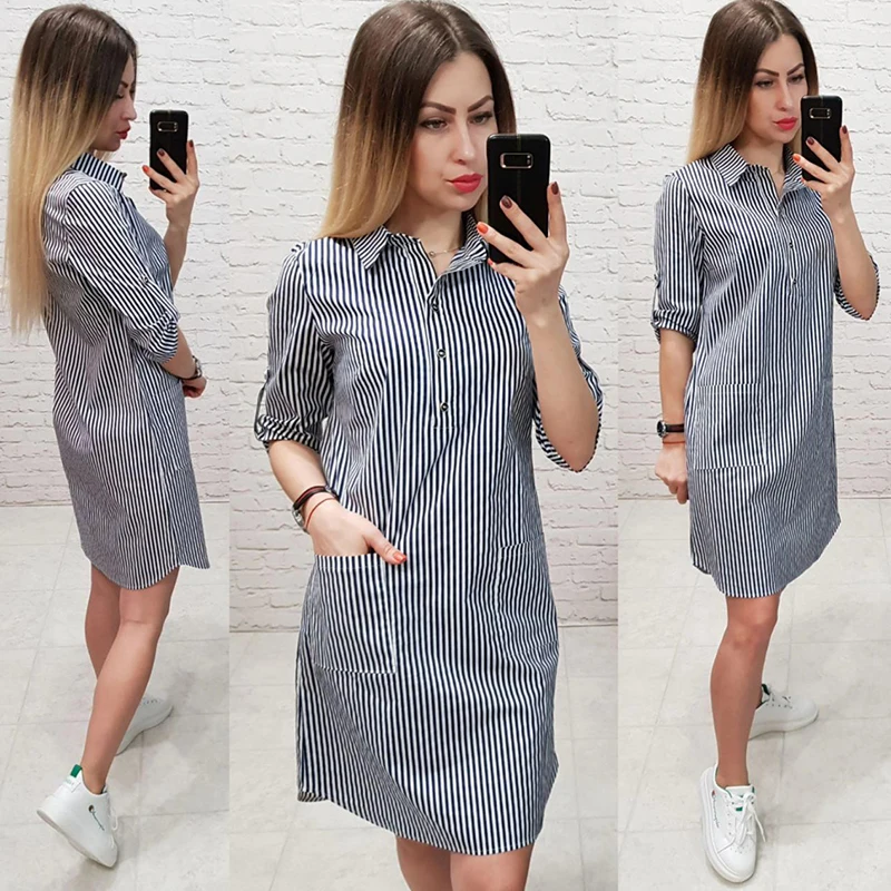 Женское повседневное Полосатое Платье с принтом и карманами прямое женское